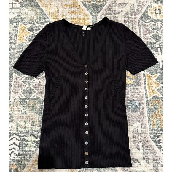Anthropologie Moth Black Ribbed Button down V-Neck Top - Picture 1 of 7